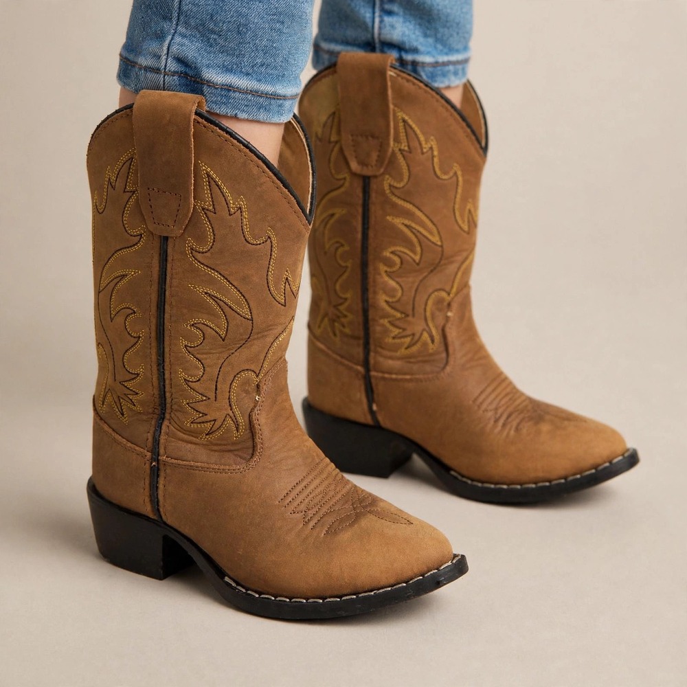Old West Kids Leather Cowboy Boots Tan Brown Western Stitch 8129 Size 10D